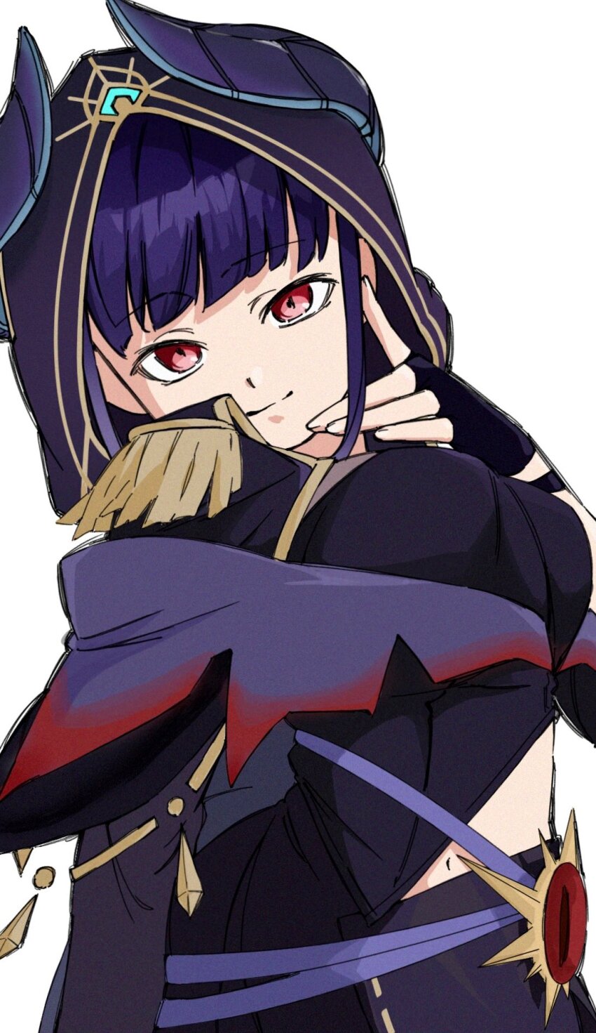 1girl, asngi_1027hana, black_dress, black_gloves, blue_hair, blunt_bangs, breasts, closed_mouth, commentary, cowboy_shot, demon_girl, demon_horns, dress, dutch_angle, film_grain, fingerless_gloves, gloves, hand_up, heaven_burns_red, highres, hood, hood_up, horns, index_finger_raised, large_breasts, looking_at_viewer, midriff_peek, navel, official_alternate_costume, red_eyes, satsuki_mari, satsuki_mari_(demon_king's_strategist_of_chaos), sidelocks, simple_background, smile, solo, split_mouth, white_background