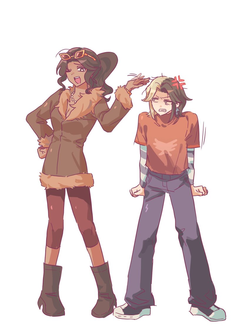 1boy, 1girl, aiden_(disventure_camp), angry, animification, coat, commentary_request, cross, cross_earrings, denim, disventure_camp, earrings, eyewear_on_head, fur_coat, highres, jeans, jewelry, korean_commentary, layered_shirt, layered_sleeves, multicolored_hair, necklace, neoulnul, open_mouth, pants, pearl_necklace, ponytail, riya_(disventure_camp), split-color_hair, two-tone_hair