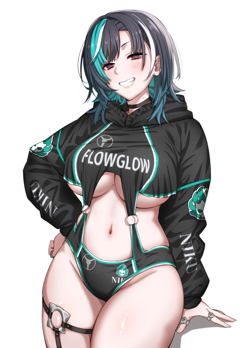 1girl, absurdres, armusi, black_choker, black_hair, black_hoodie, blush, breasts