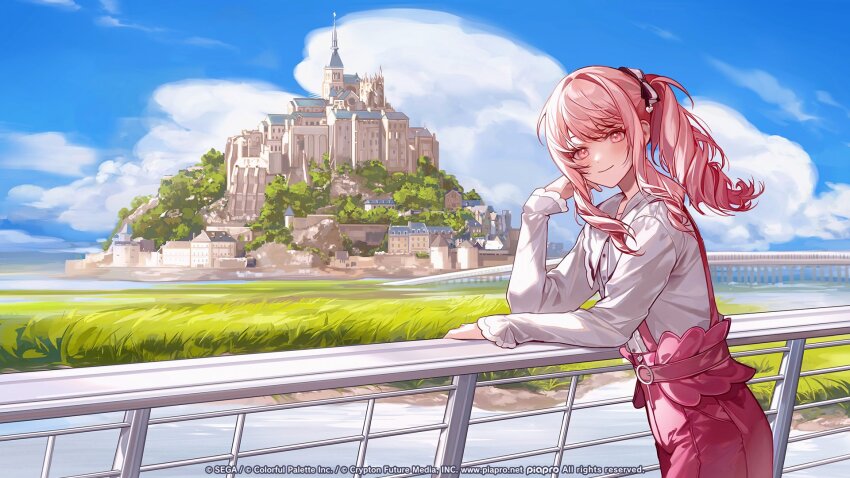 1other, against_railing, akiyama_mizuki, arm_rest, belt, blue_sky, blush, closed_mouth, cloud, cloudy_sky, commentary, copyright_notice, cowboy_shot, day, elbow_rest, english_commentary, european_architecture, france, from_side, grass, guest_art, hand_on_own_cheek, hand_on_own_face, head_rest, highres, long_hair, long_sidelocks, long_sleeves, monastery, mont_saint-michel, official_art, other_focus, outdoors, pants, pink_belt, pink_hair, pink_pants, project_sekai, railing, second-party_source, shirt, side_ponytail, sidelocks, sky, smile, solo, suspender_pants, suspenders, swept_bangs, to_e, turning_head, water, white_shirt