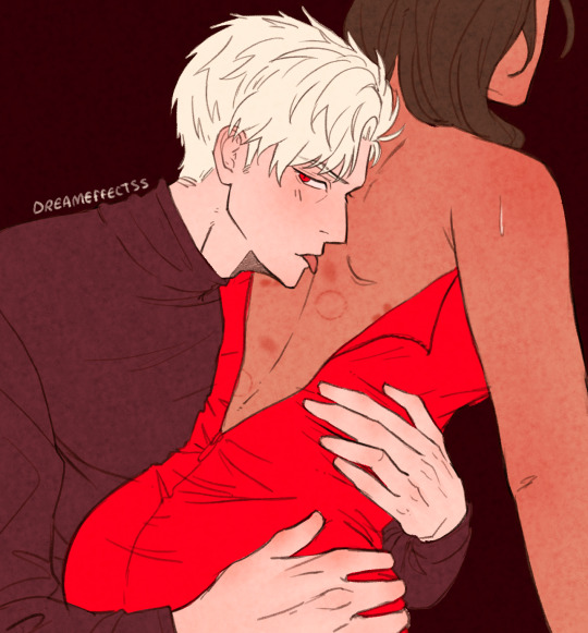 1boy, 1girl, bite_mark, dreameffectss, dress, hug, hug_from_behind, licking, love_and_deepspace, red_dress, sylus_(love_and_deepspace), unzipped