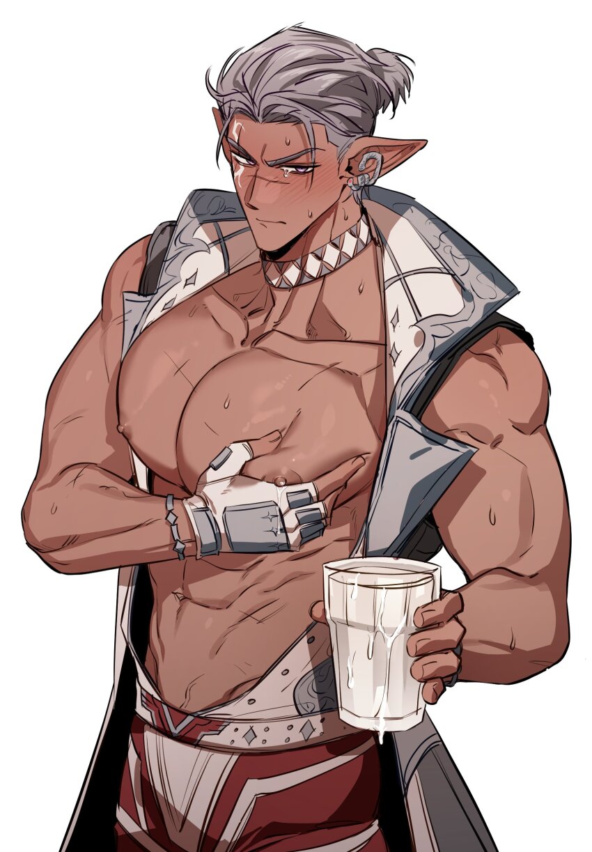 1boy, abs, absurdres, annoyed, blush, choker, commentary_request, cup