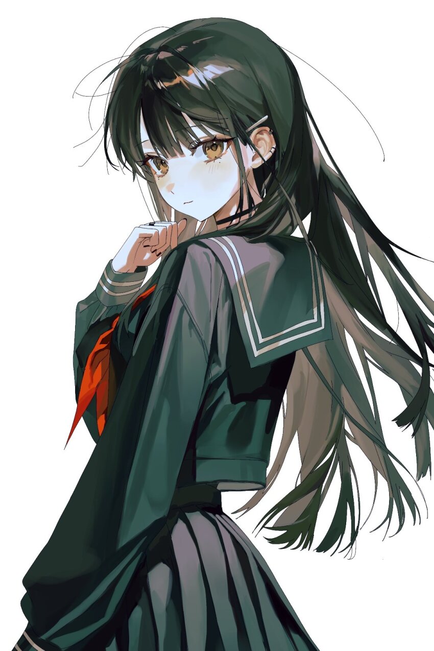 1girl, back, black_hair, black_nails, black_shirt, black_skirt, black_sleeves, brown_eyes