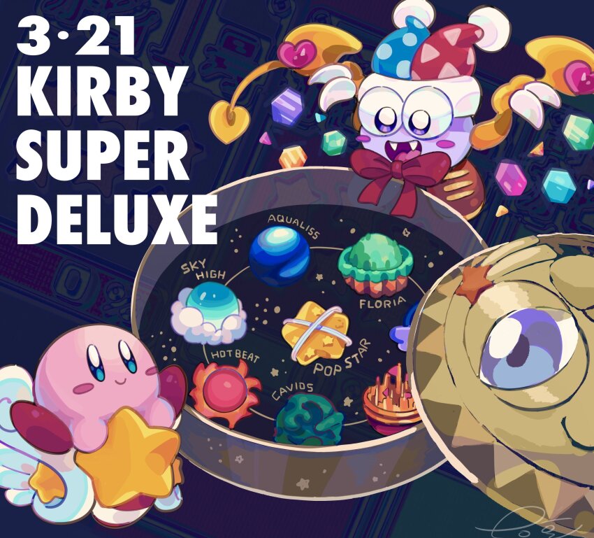 absurdres, anniversary, blush_stickers, bow, bowtie, colored_skin, commentary, copyright_name, fangs, galactic_nova, hat, highres, jester_cap, kirby, kirby_(series), kirby_super_star, marx_(kirby), nintendo, pink_skin, planet_popstar, pom_pom_(clothes), psta_0, purple_skin, red_bow, red_bowtie, signature, star_(symbol), starship_(vehicle)_(kirby), untranslatable_commentary