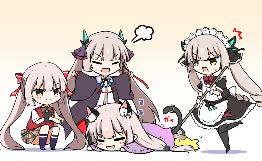 4girls, :d, =_=, absurdres, angry, animal_ears, apron, black_dress