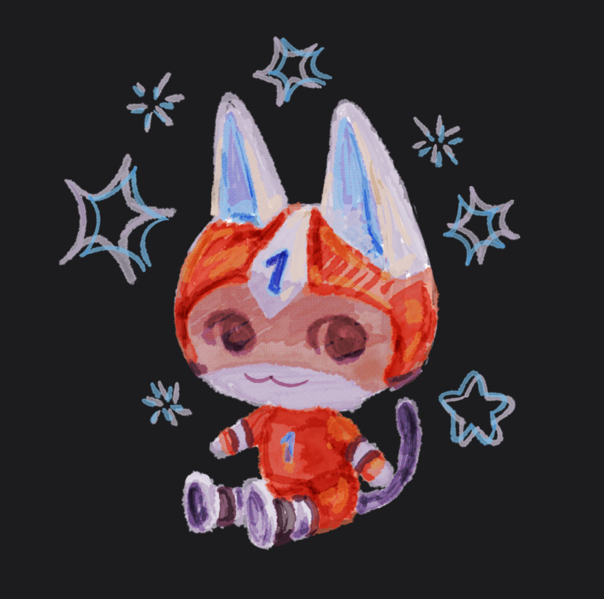 1boy, animal_crossing, animal_crossing:_new_horizons, black_background, cat, cat_boy, clozaphim, commentary, helmet, highres, kid_cat_(animal_crossing), nintendo, sitting, solo, solo_focus, star_(symbol)