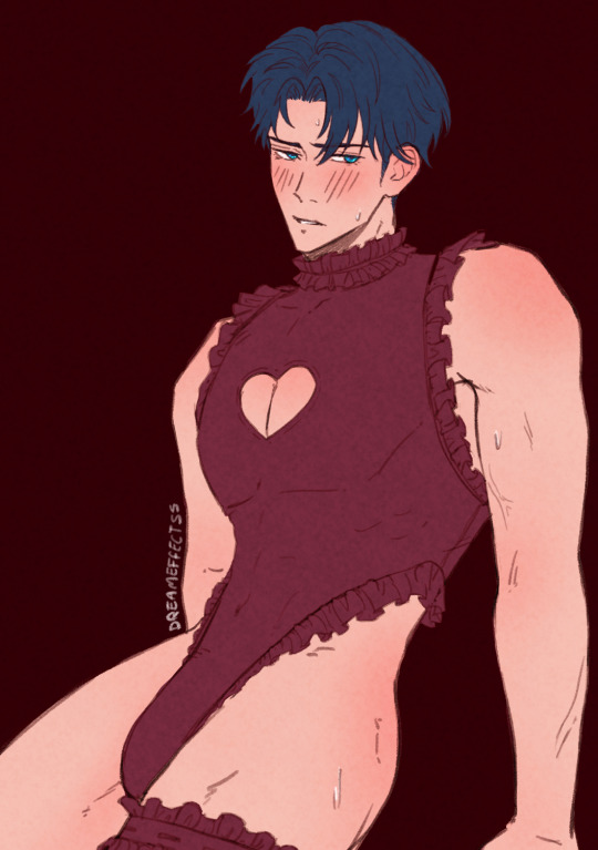 1boy, cleavage_cutout, clothing_cutout, dreameffectss, frills, heart_cutout, ikemen_(series), maroon_background, ring_schwartz, sweat