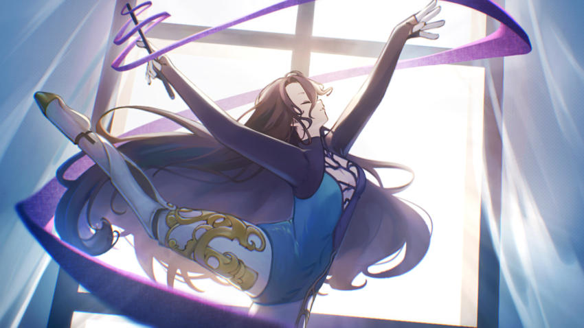 1girl, arms_up, athletic_leotard, attitude_derriere, black_hair, blue_leotard, breasts, cleavage