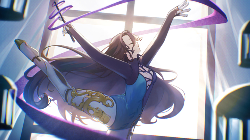 1girl, arms_up, athletic_leotard, attitude_derriere, black_hair, blue_leotard, blurry, blurry_foreground