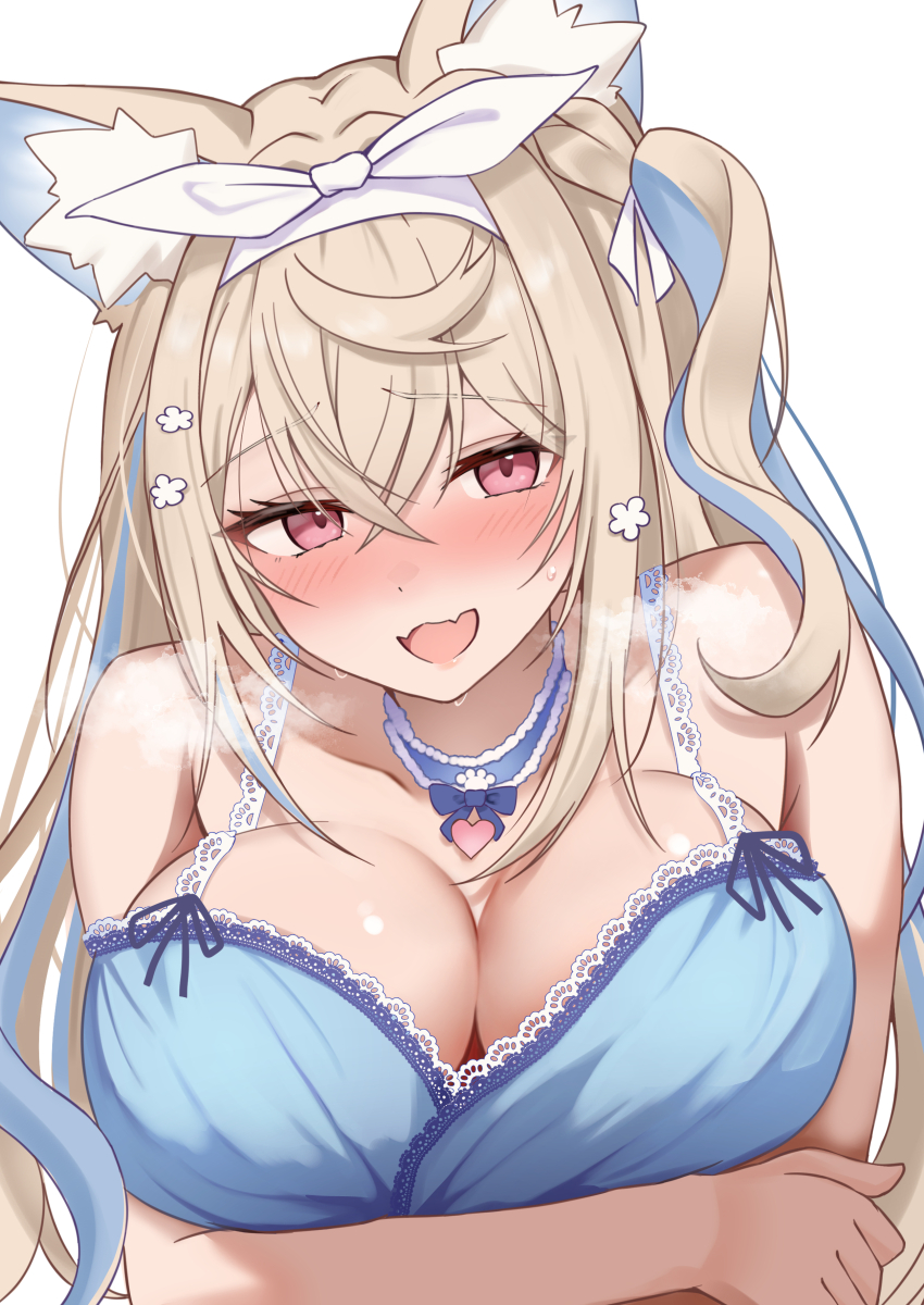 1girl, :d, absurdres, animal_ear_fluff, animal_ears, babydoll, blonde_hair, blue_babydoll