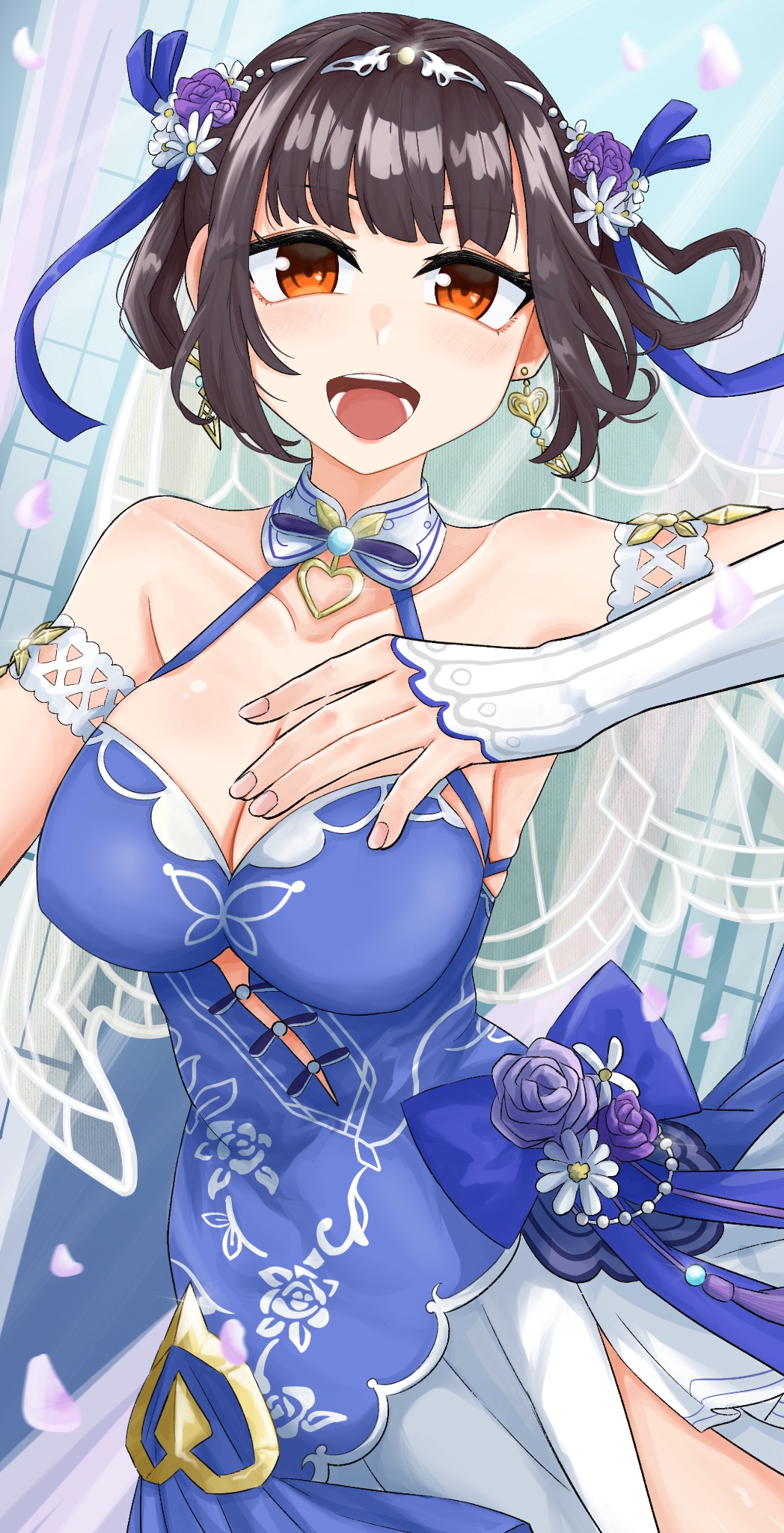 1girl, bare_shoulders, black_hair, blue_bow, blue_dress, blue_flower, blue_ribbon, blue_rose