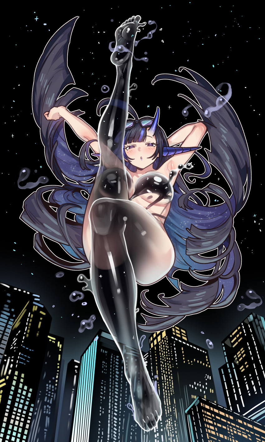 1girl, absurdres, armpits, arms_up, ass, azur_lane, bare_shoulders, barefoot, black_hair, blue_horns, blush, breasts, building, cityscape, cleavage, ebora, eyewear_on_head, highres, horns, large_breasts, long_hair, looking_at_viewer, open_mouth, purple_eyes, see-through_body, skyscraper, solo, sunglasses, unryuu_(azur_lane), unryuu_(mirage_in_the_night)_(azur_lane), water, water_drop
