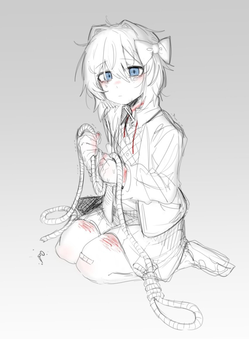 1girl, attempted_suicide, blazer, blue_eyes, bow, bruise, bruise_on_leg, collared_shirt, commentary, crying, crying_with_eyes_open, doki_doki_literature_club, english_commentary, gradient_background, grey_background, hair_bow, highres, holding, holding_rope, injury, jacket, kneeling, medium_hair, messy_hair, neck_injury, noose, rope, sad, sayori_(doki_doki_literature_club), school_uniform, self-harm, shirt, sitting, sketch, skirt, solo, spot_color, tear_stain, tears, ting_mong, trembling