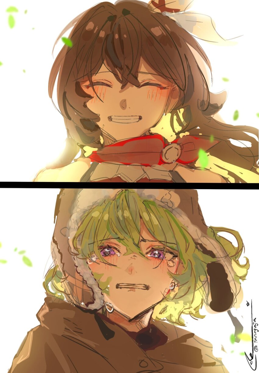 2girls, amber_(genshin_impact), brown_hair, closed_eyes, collei_(genshin_impact), commentary_request, crying, genshin_impact, green_hair, hat, highres, innagaja, korean_commentary, long_hair, multiple_girls, purple_eyes, short_hair, signature, smile, tears, ushanka