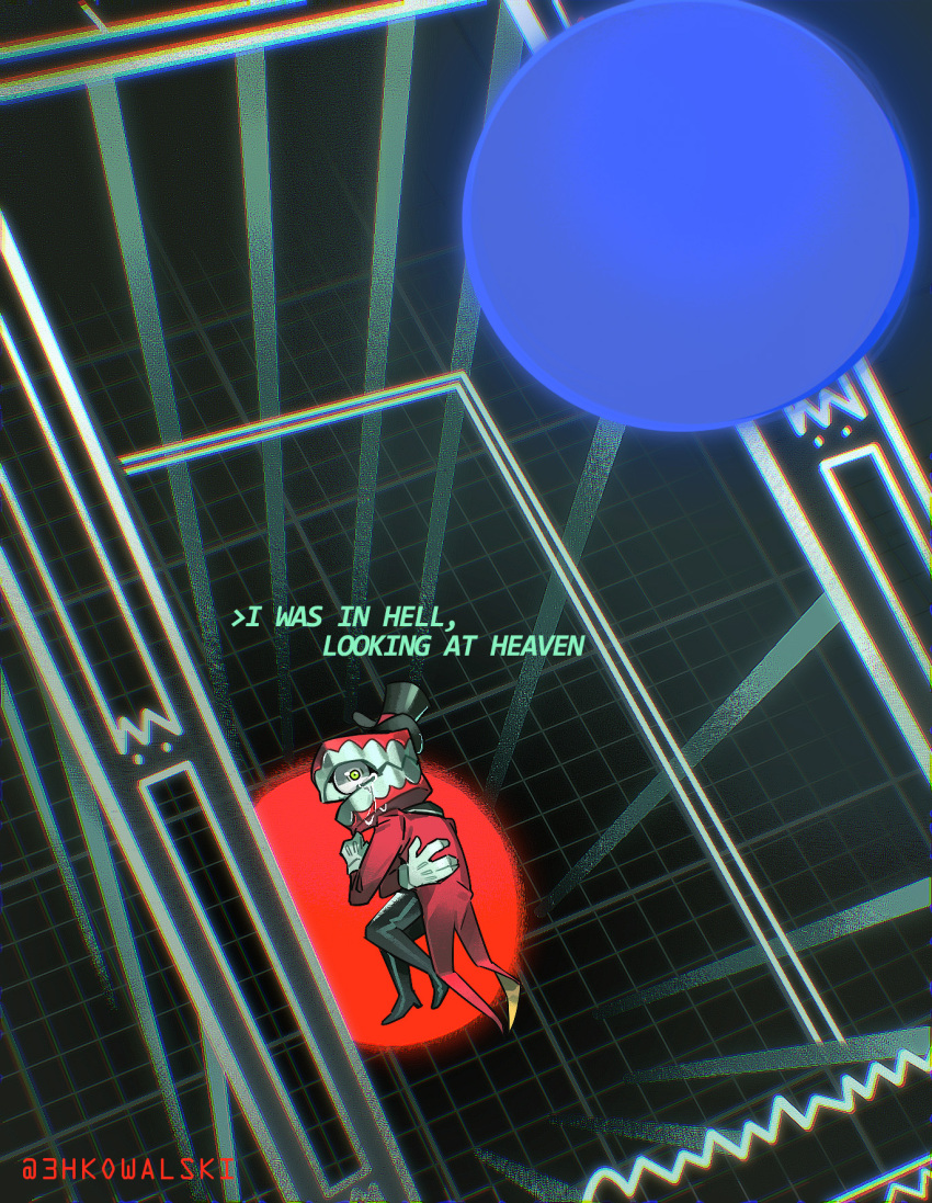 1boy, 3hkowalski, artist_name, black_hat, caine_(the_amazing_digital_circus), circle, coat, commentary, english_commentary, english_text, gloves, green_eyes, hat, highres, i_have_no_mouth_and_i_must_scream, male_focus, red_coat, self_hug, solo, tears, teeth, the_amazing_digital_circus, top_hat, white_gloves