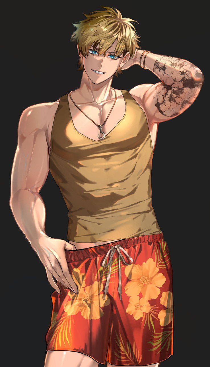 1boy, arm_behind_head, arm_tattoo, beard_stubble, black_hair, blonde_hair, blue_eyes, bracelet