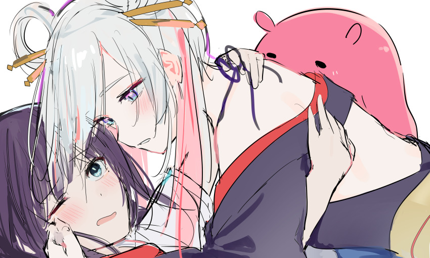 2girls, absurdres, bare_shoulders, black_kimono, blue_eyes, blush, cho_kaguya-hime!, commentary_request