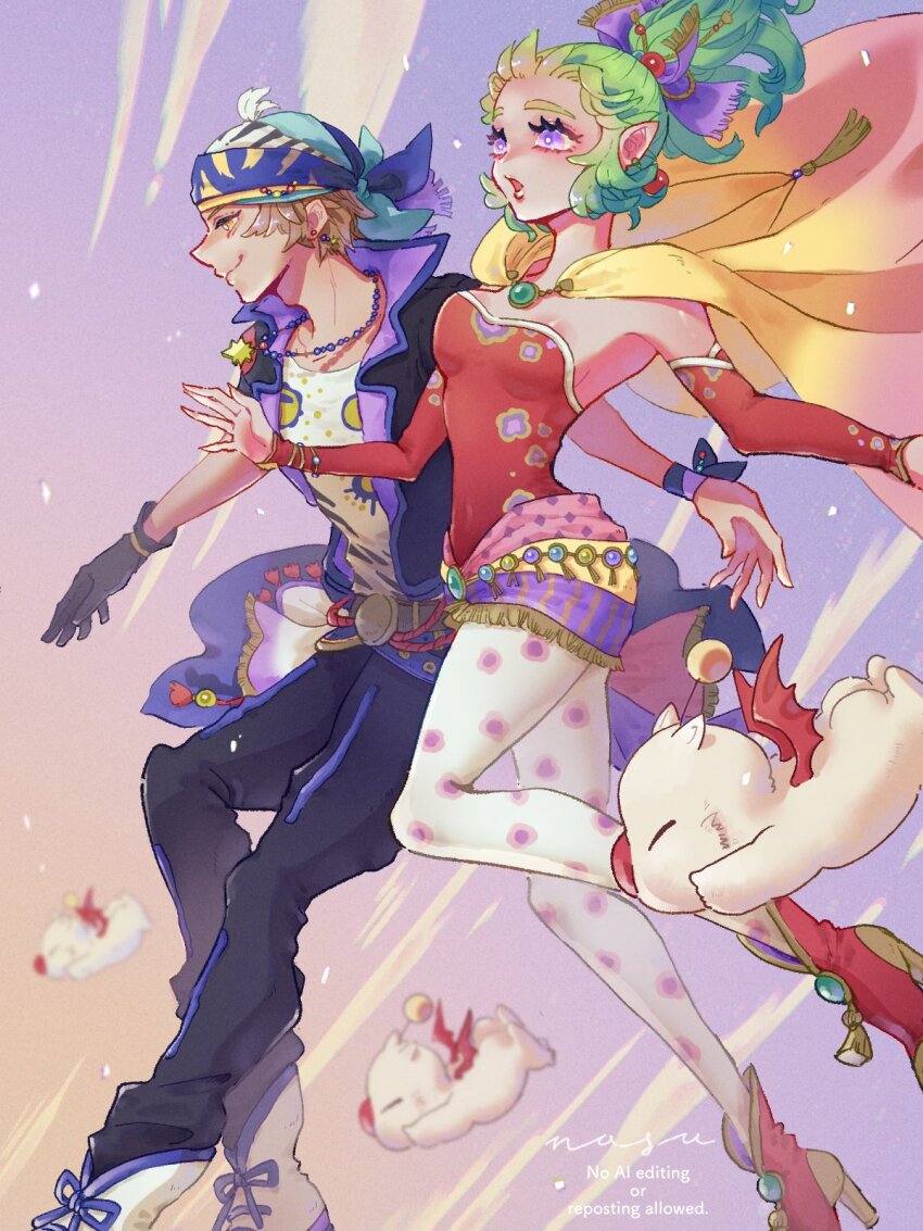 1boy, 1girl, artist_name, bead_necklace, beads, black_gloves, black_jacket, black_pants