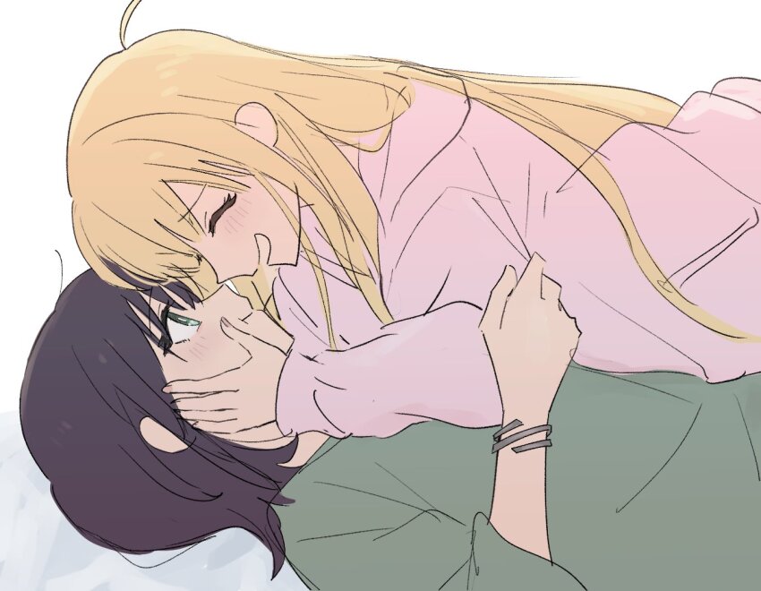 2girls, blonde_hair, blush, bracelet, cho_kaguya-hime!, closed_eyes, closed_mouth, green_eyes