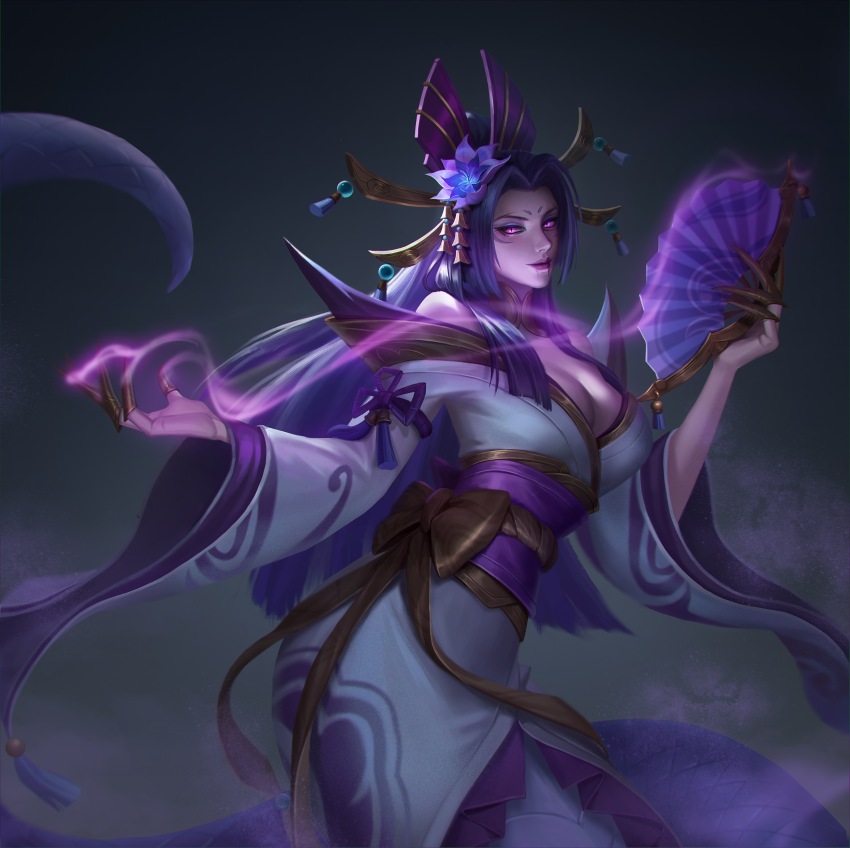 1girl, absurdres, blue_flower, bow, breasts, brown_bow, cassiopeia_(league_of_legends), chinese_commentary