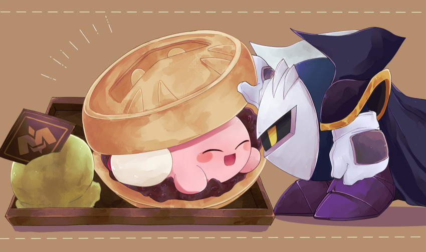 :d, ^_^, absurdres, black_cape, blush_stickers, boots, brown_background, cape, closed_eyes, commentary_request, food, gloves, highres, in_food, kirby, kirby_(series), kulenoa, mask, meta_knight, monaka_(food), nintendo, no_humans, open_mouth, purple_boots, smile, white_gloves
