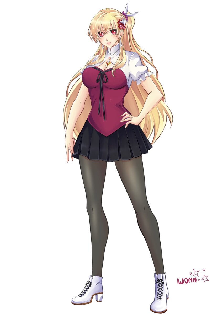 1girl, alisa_reinford, artist_logo, artist_name, black_pantyhose, black_skirt, boots, breasts