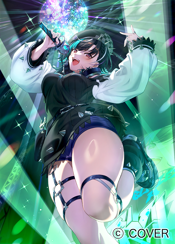 1girl, :d, aqua_hair, beret, black_choker, black_hair, black_hat, black_shirt, black_shoes, black_socks, blue_shorts, breasts, choker, commentary_request, copyright_notice, disco_ball, hands_up, hat, headphones, headphones_around_neck, holding, holding_microphone, hololive, hololive_dev_is, indoors, knee_strap, large_breasts, long_shirt, long_sleeves, looking_at_viewer, loose_socks, microphone, mucchiri_shiitake, multicolored_hair, o-ring, o-ring_thigh_strap, off-shoulder_shirt, off_shoulder, official_art, open_mouth, raglan_sleeves, red_eyes, rindo_chihaya, rindo_chihaya_(1st_costume), ring_light_reflection, shirt, shoes, short_shorts, shorts, smile, socks, solo, standing, standing_on_one_leg, streaked_hair, teeth, thick_thighs, thigh_strap, thighs, upper_teeth_only, virtual_youtuber, white_sleeves, white_streaks
