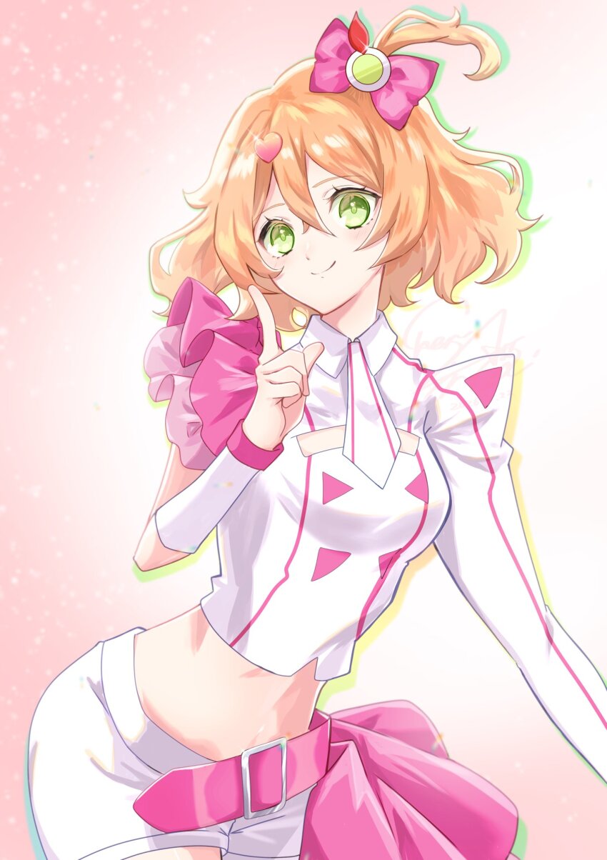 1girl, badge, bow, breasts, button_badge, closed_mouth, commentary_request, crop_top, detached_sleeves, double-parted_bangs, folded_collar, freyja_wion, gradient_background, green_eyes, hair_between_eyes, hair_bow, hair_ornament, heart, heart_hair_ornament, highres, inori_flower18, looking_at_viewer, macross, macross_delta, medium_breasts, midriff, necktie, orange_hair, pink_background, pink_bow, shirt, short_hair, shorts, simple_background, single_detached_sleeve, smile, solo, upper_body, white_necktie, white_shorts