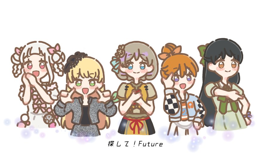 5girls, :d, arashi_chisato, arched_bangs, blonde_hair, blue_eyes, blue_jacket, brown_eyes