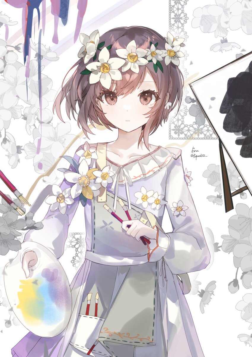 1girl, apron, brown_eyes, brown_hair, character_request, check_character, closed_mouth, collarbone