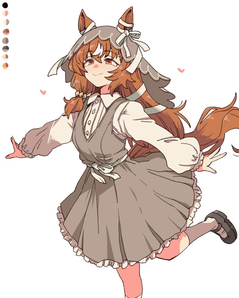 1girl, animal_ears, brown_dress, brown_hair, closed_mouth, commentary_request, dress, ears_through_headwear