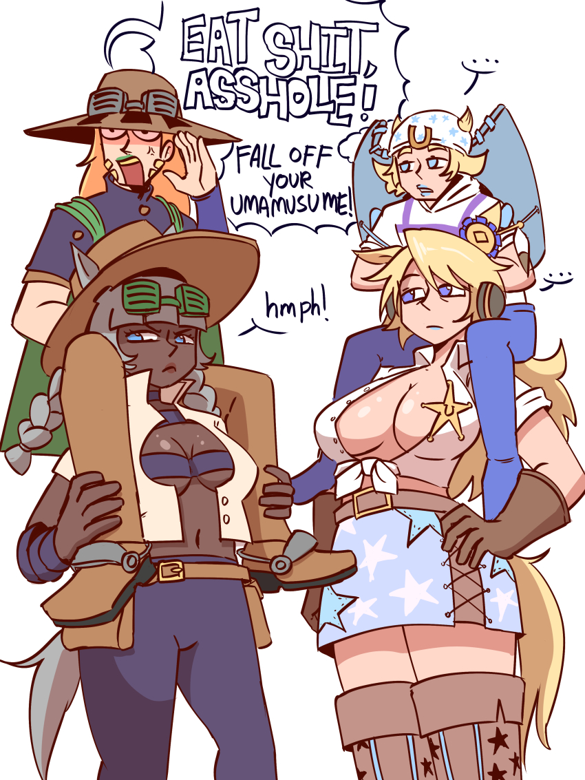 ..., 2boys, 2girls, absurdres, anger_vein, animal_ears, bandaged_arm, bandages