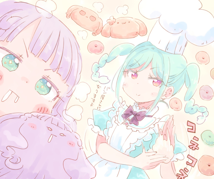 2girls, :>, animal-themed_food, animalization, aqua_eyes, aqua_hair, blue_dress, blunt_bangs