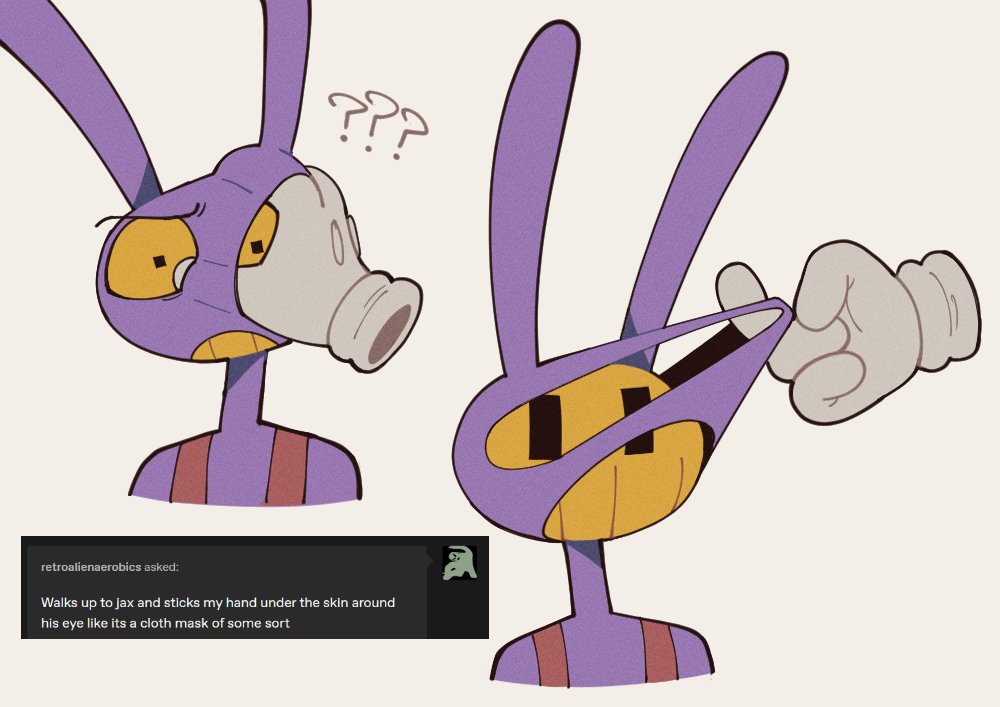 1boy, ?, ??, animal_ears, colored_skin, colored_teeth, disembodied_hand, gloves, grey_background, head_grab, jax_(the_amazing_digital_circus), looking_at_viewer, multiple_views, portrait, purple_skin, rabbit_boy, rabbit_ears, screenshot_inset, simple_background, sixtooth06, skin_pull, skinned, solo, the_amazing_digital_circus, tumblr, white_gloves, yellow_teeth