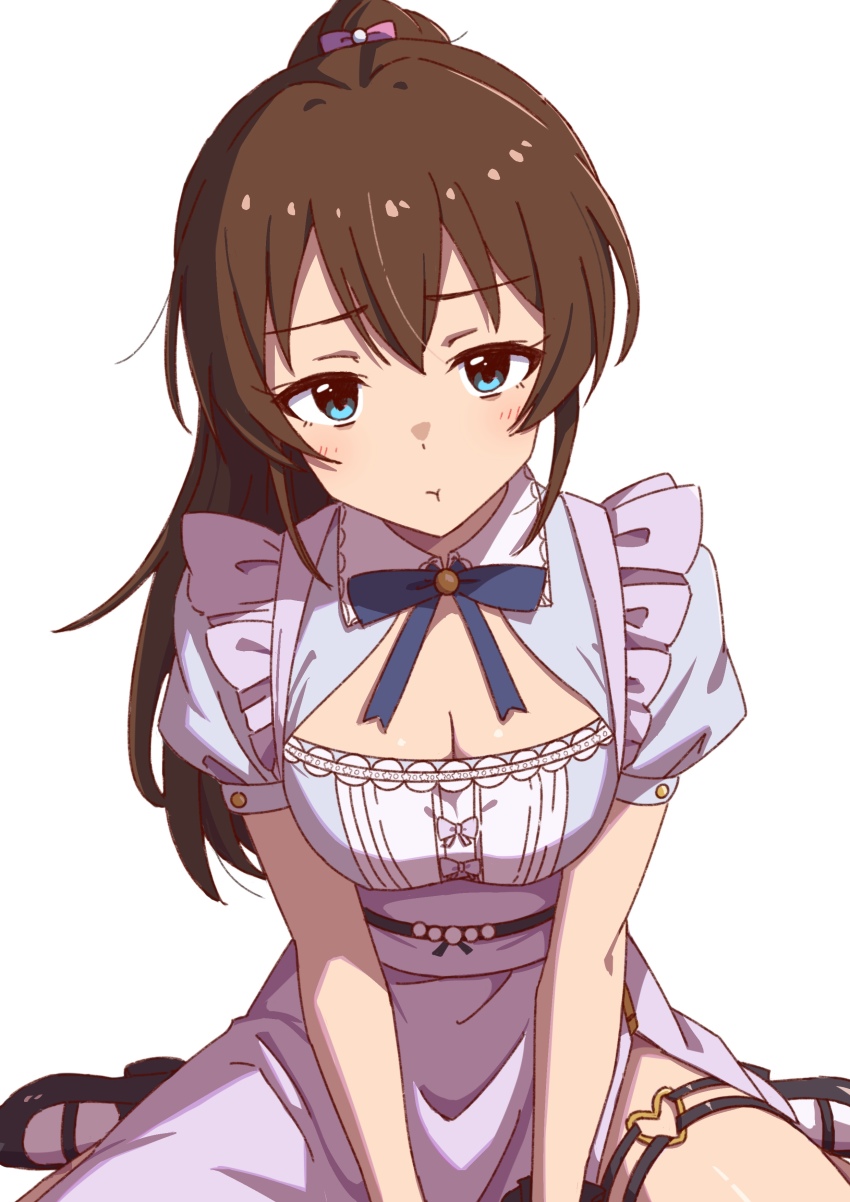 1girl, absurdres, blue_eyes, blush, bow, breasts, brown_hair, cleavage