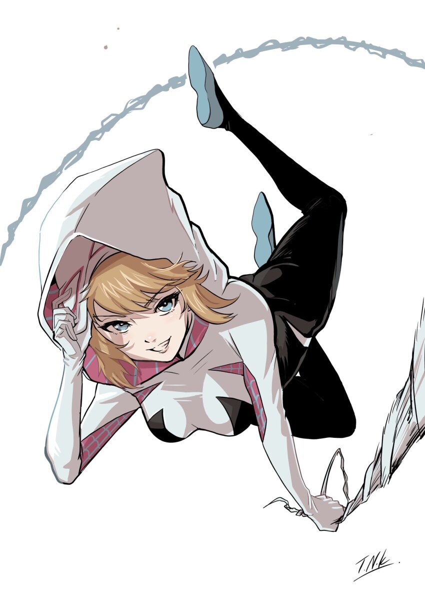 1girl, blonde_hair, blue_eyes, breasts, commentary, full_body, gwen_stacy, highres