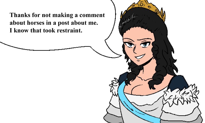 absurdres, aqua_ribbon, black_hair, blue_eyes, breasts, cleavage, collarbone, dress, empress_catherine_ii, english_text, grey_dress, highres, implied_bestiality, long_hair, looking_at_viewer, medium_breasts, queen, raised_eyebrow, real_life, ribbon, simple_background, smirk, speech_bubble, talking, teeth, tiara, upper_body, white_background