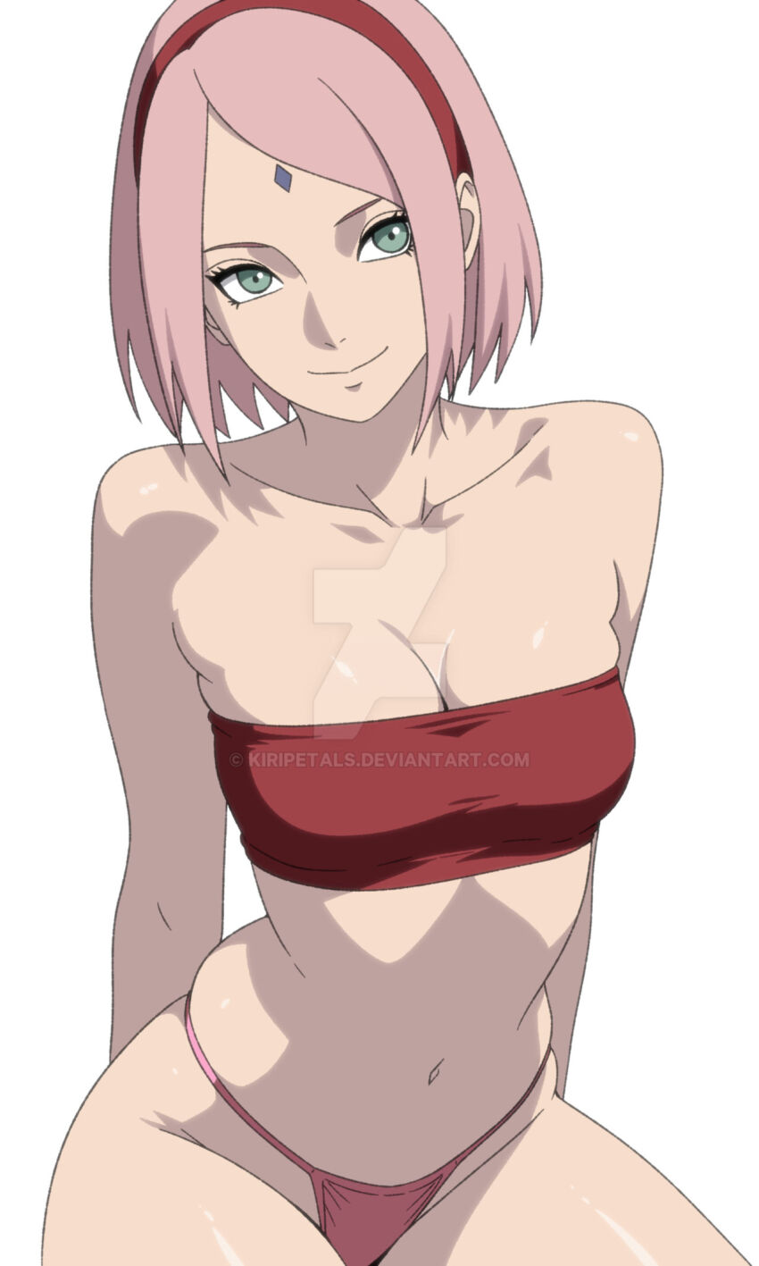 1girl, arms_behind_back, bandeau, bare_shoulders, bikini, boruto:_naruto_next_generations, breasts, cleavage
