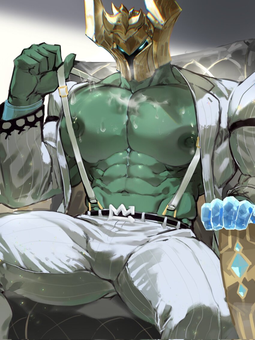 1boy, abs, bara, bare_pectorals, biceps, bulge, chinese_commentary, commentary_request