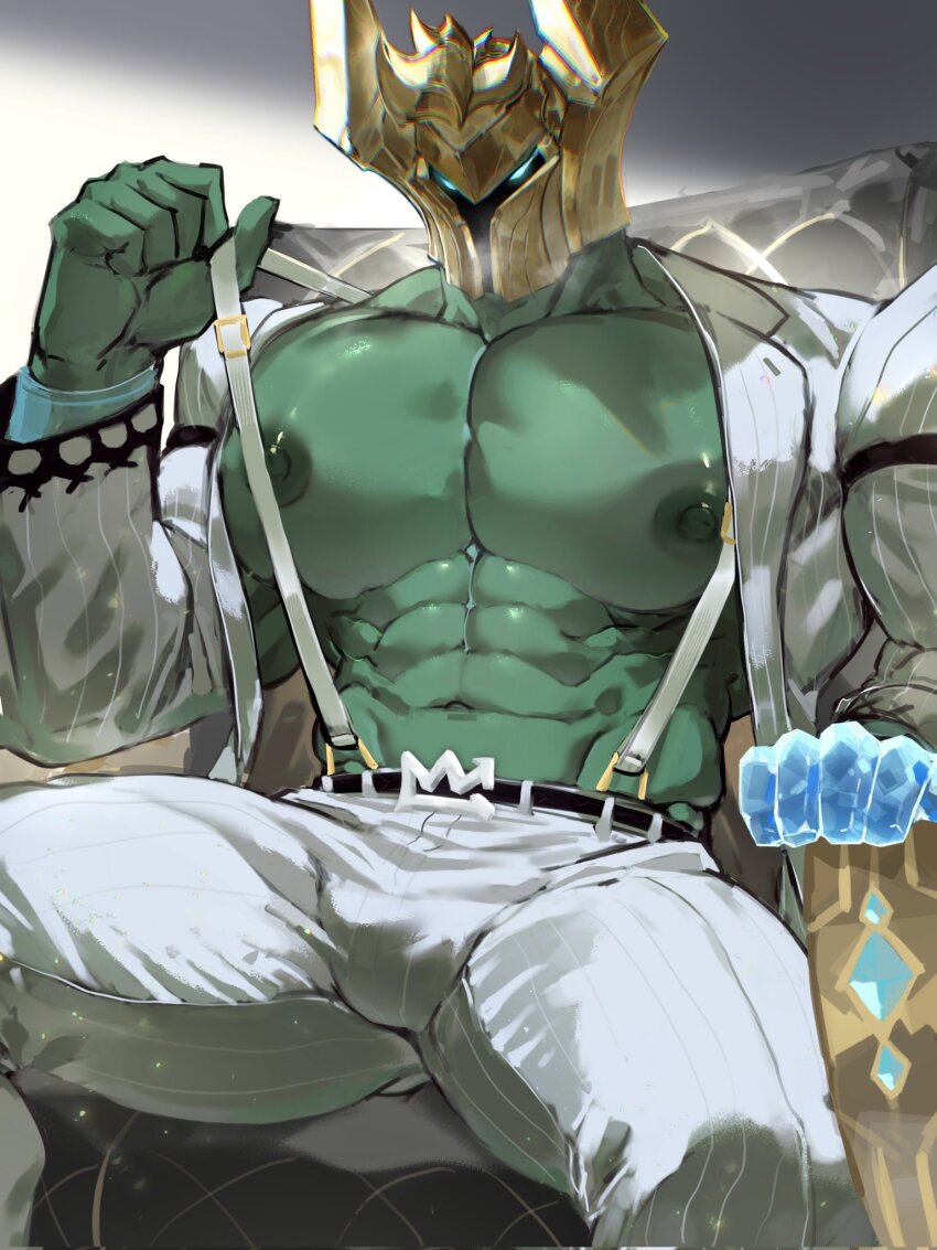 1boy, abs, bara, bare_pectorals, biceps, bulge, chinese_commentary, commentary_request