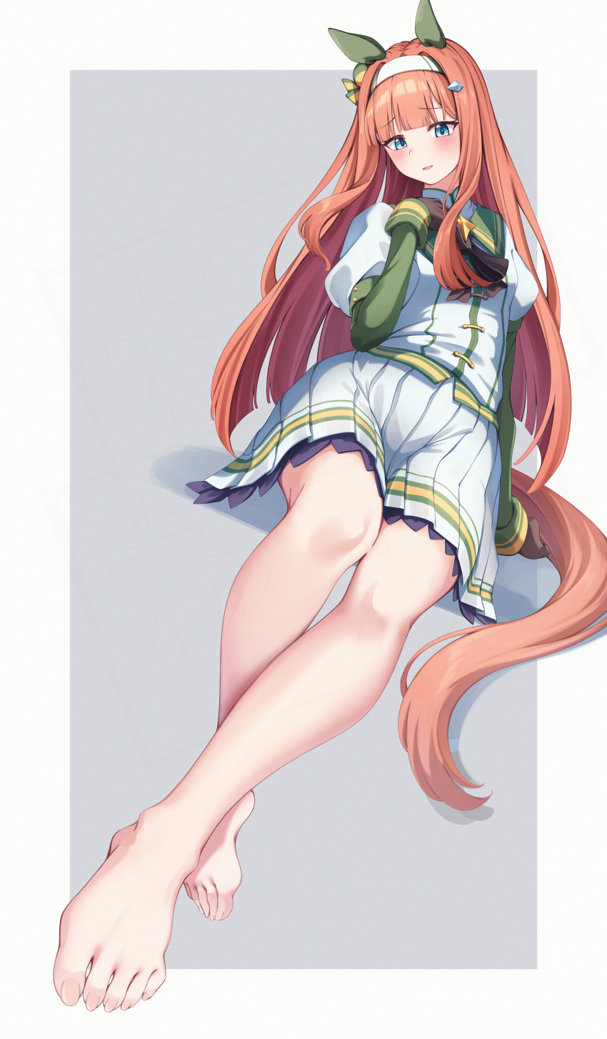 1girl, absurdres, animal_ears, barefoot, blush, border, commentary_request, crossed_ankles