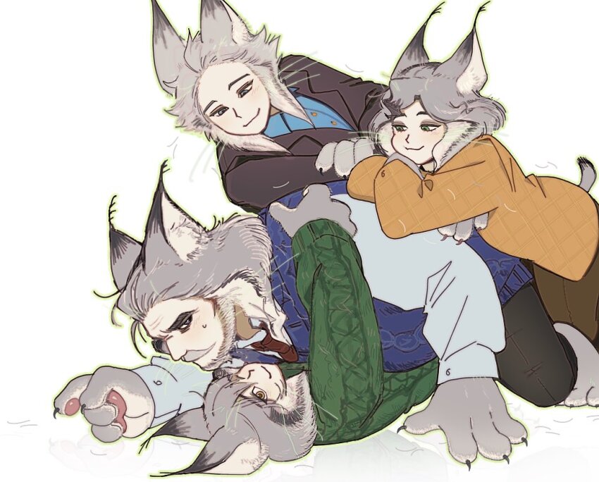 1girl, 3boys, animal_ears, blue_shirt, blue_sweater_vest, brown_coat, cat_ears, cat_tail, cattrick_lynxley, claws, closed_mouth, coat, commentary_request, furry, furry_female, furry_male, green_sweater, grey_fur, hjdoak, hug, humanization, kitty_lynxley, korean_commentary, looking_at_another, looking_at_viewer, looking_down, looking_up, milton_lynxley, multiple_boys, necktie, on_ground, one_eye_closed, orange_coat, pawbert_lynxley, pawpads, red_necktie, shirt, smile, sweater, sweater_vest, tail, whiskers, white_background, white_shirt, zootopia_2