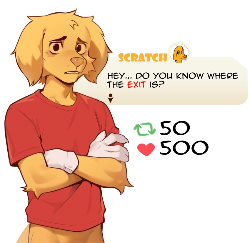 1boy, absurdres, animal_ears, character_name, commentary, crossed_arms, dog_boy, dog_ears, dog_tail, english_commentary, english_text, floppy_ears, furrowed_brow, furry, furry_male, gloves, highres, hip_bones, like_and_retweet, looking_at_viewer, male_focus, no_pants, open_mouth, red_shirt, scratch_(the_amazing_digital_circus), shirt, tail, the_amazing_digital_circus, video_game_dialogue_box, white_background, white_gloves, yellow_fur, yncarne