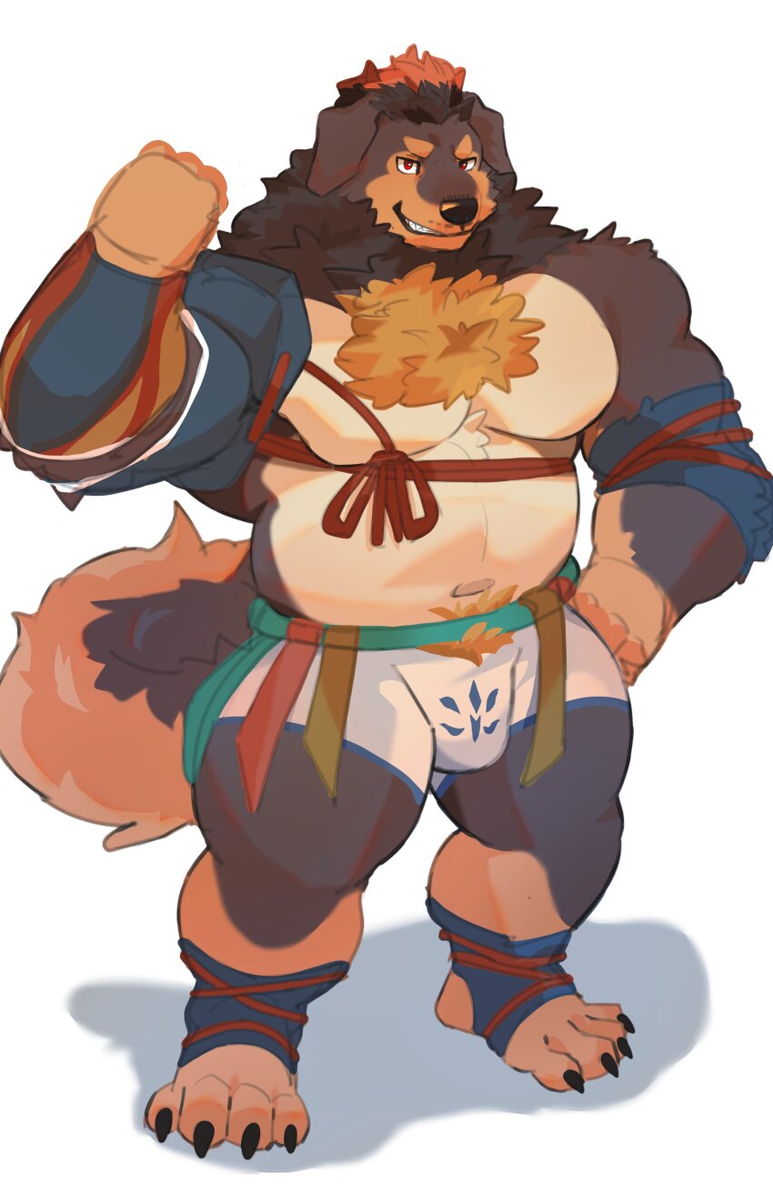 1boy, absurdres, animal_ears, bara, bare_pectorals, barefoot, belly, biceps, brown_fur, buntot, claws, commentary, dog_boy, dog_ears, dog_tail, flexing, floppy_ears, furry, furry_male, grin, highres, looking_at_viewer, male_focus, male_underwear, muscular, muscular_male, navel, pectorals, smile, tail, tayangsuyi_(xxl), underwear, white_background, white_male_underwear, xxl_woofia