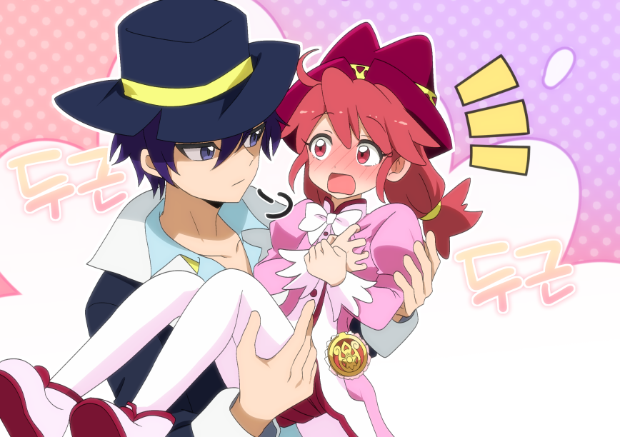 1boy, 1girl, ahoge, black_coat, black_hat, blue_eyes, blue_shirt, blush