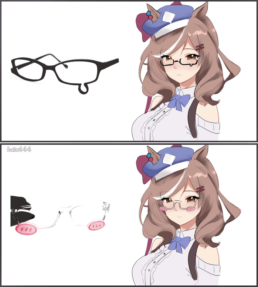 absurdres, animal_ears, blue_hat, brown_hair, commentary, ear_covers, ear_ornament, ears_through_headwear