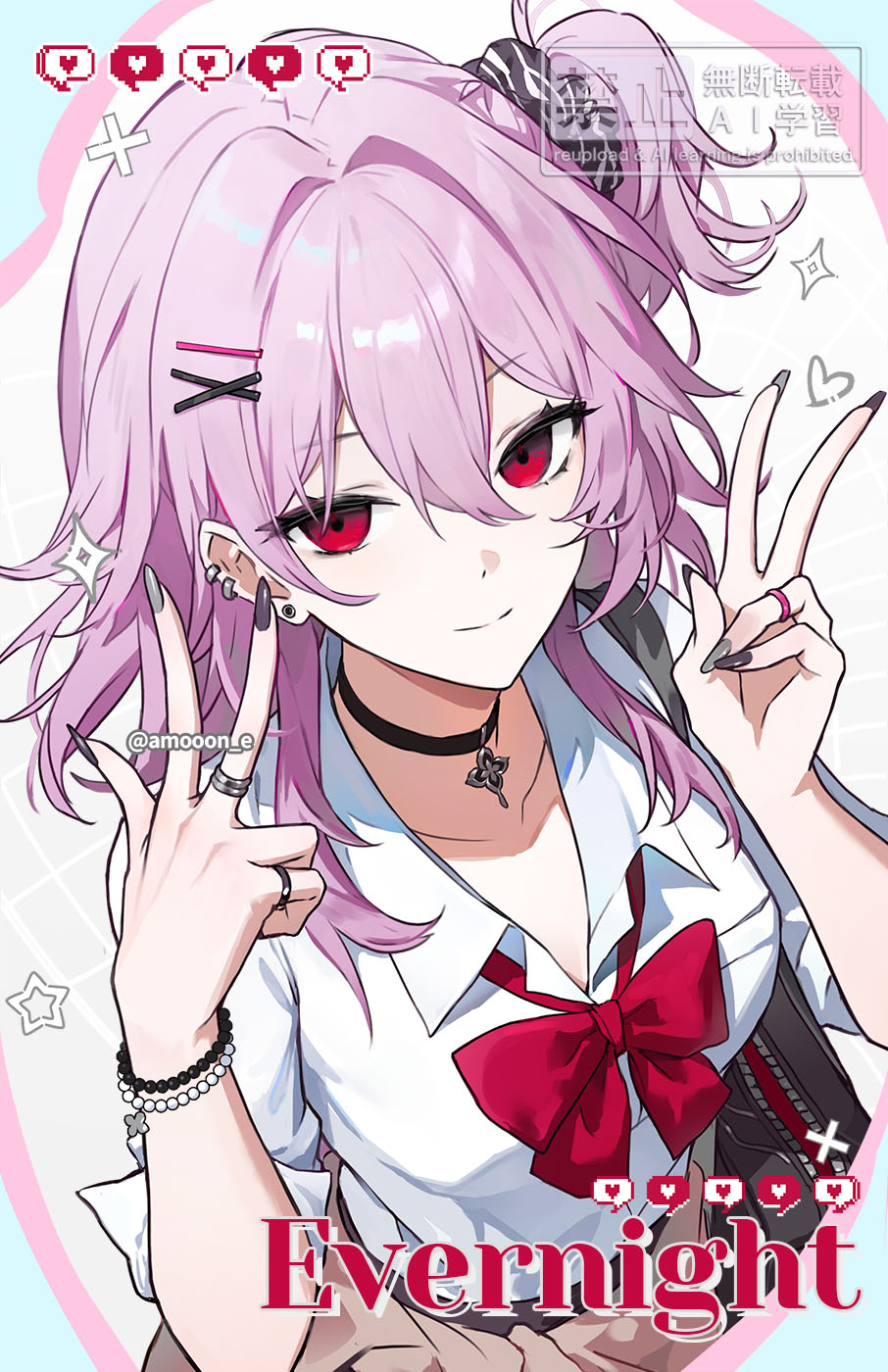 1girl, aamoooon_e, alternate_costume, alternate_hairstyle, bag, bead_bracelet, beads, black_choker