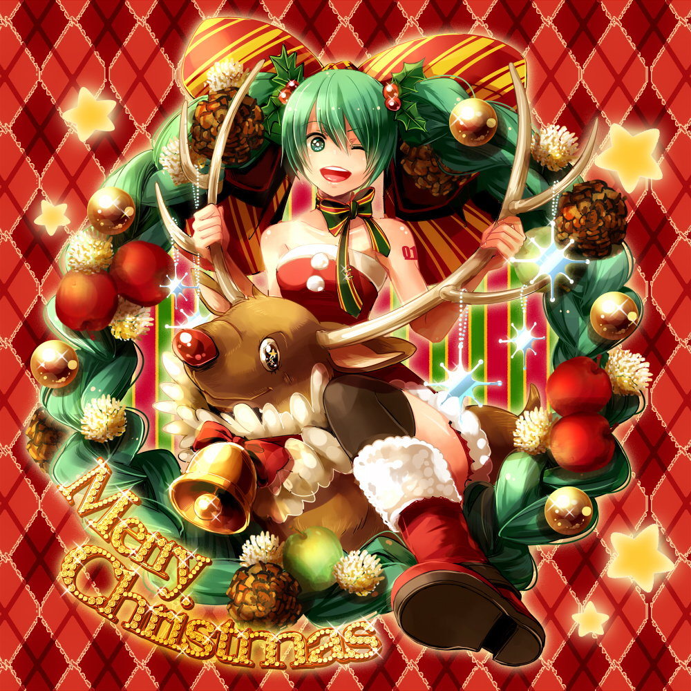 1girl, antlers, bare_shoulders, bell, boots, braid, checkered_background, christmas