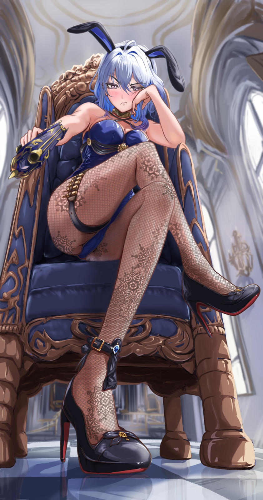 1girl, aiming, aiming_at_viewer, alternate_costume, animal_ear_hairband, animal_ears, bare_shoulders, black_shoes, blue_hair, blue_leotard, blush, breasts, closed_mouth, colored_inner_hair, commentary, commentary_request, crossed_legs, english_commentary, fake_animal_ears, fishnet_pantyhose, fishnets, from_below, galbrena_(wuthering_waves), grey_hair, gun, hair_between_eyes, hairband, hand_up, high_heels, highres, holding, holding_gun, holding_weapon, indoors, kozuru_(user_ryjf7428), leotard, looking_at_viewer, medium_breasts, medium_hair, mixed-language_commentary, multicolored_hair, pantyhose, playboy_bunny, purple_eyes, rabbit_ear_hairband, rabbit_ears, shoes, sitting, solo, v-shaped_eyebrows, weapon, wuthering_waves