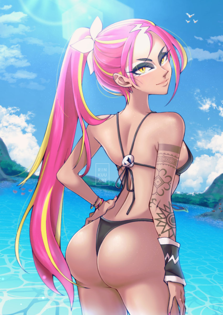 1girl, absurdres, alternate_costume, alternate_hairstyle, arm_tattoo, ass, bikini, bird